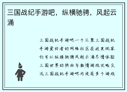 三国战纪手游吧，纵横驰骋，风起云涌